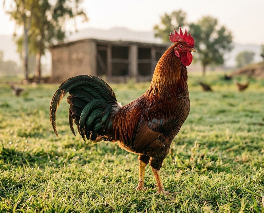 A desi cockerel on open grass