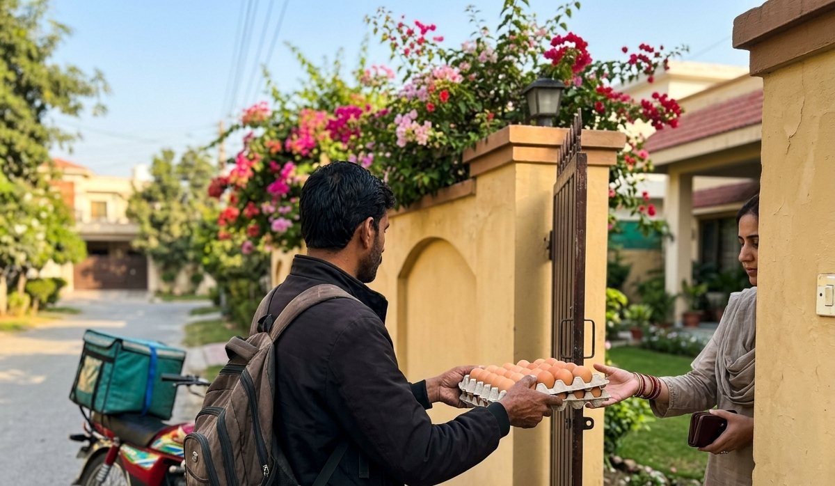 A tray of eggs handed over at a gate