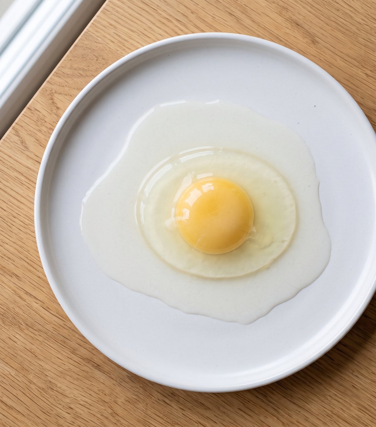A three-week-old egg cracked onto the same plate: a flat, pale yolk in a watery white