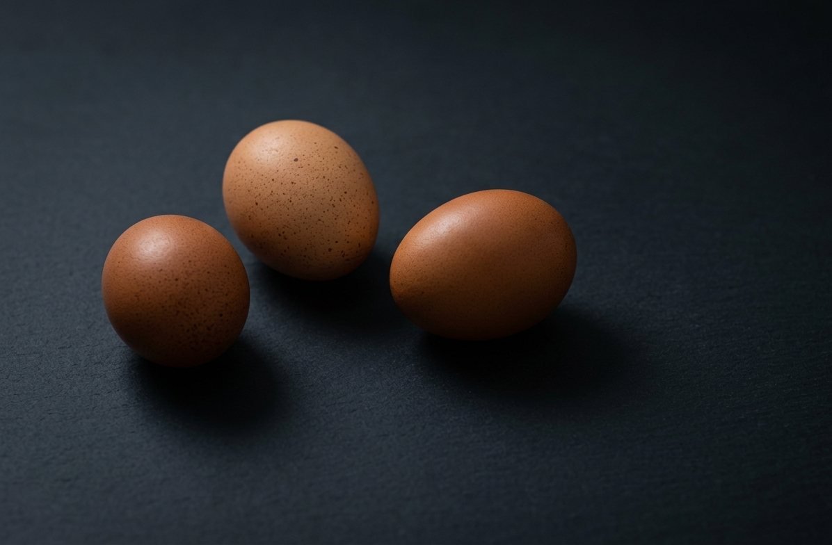 Three brown desi eggs on a dark surface