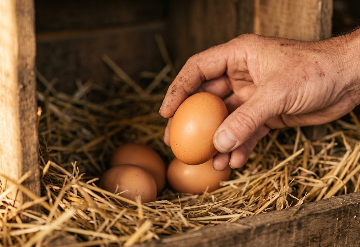 An egg lifted by hand from a straw nest box