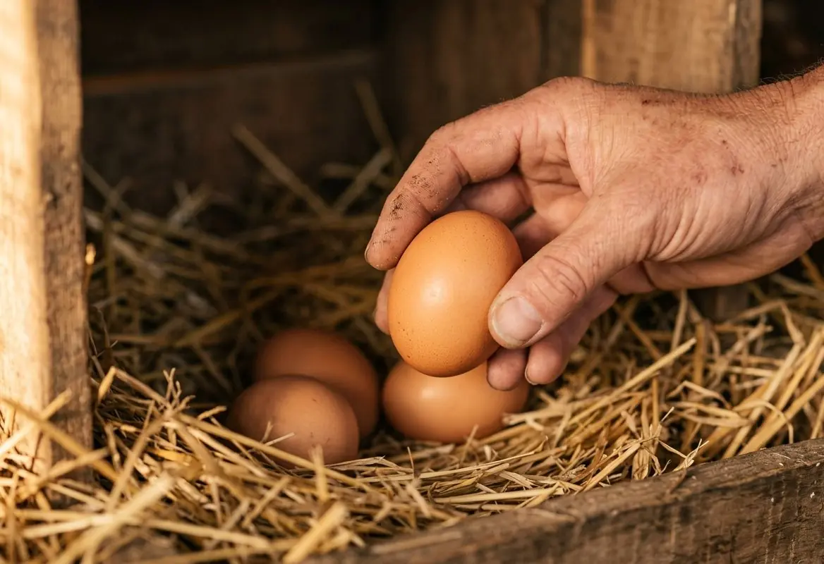 An egg lifted by hand from a straw nest box
