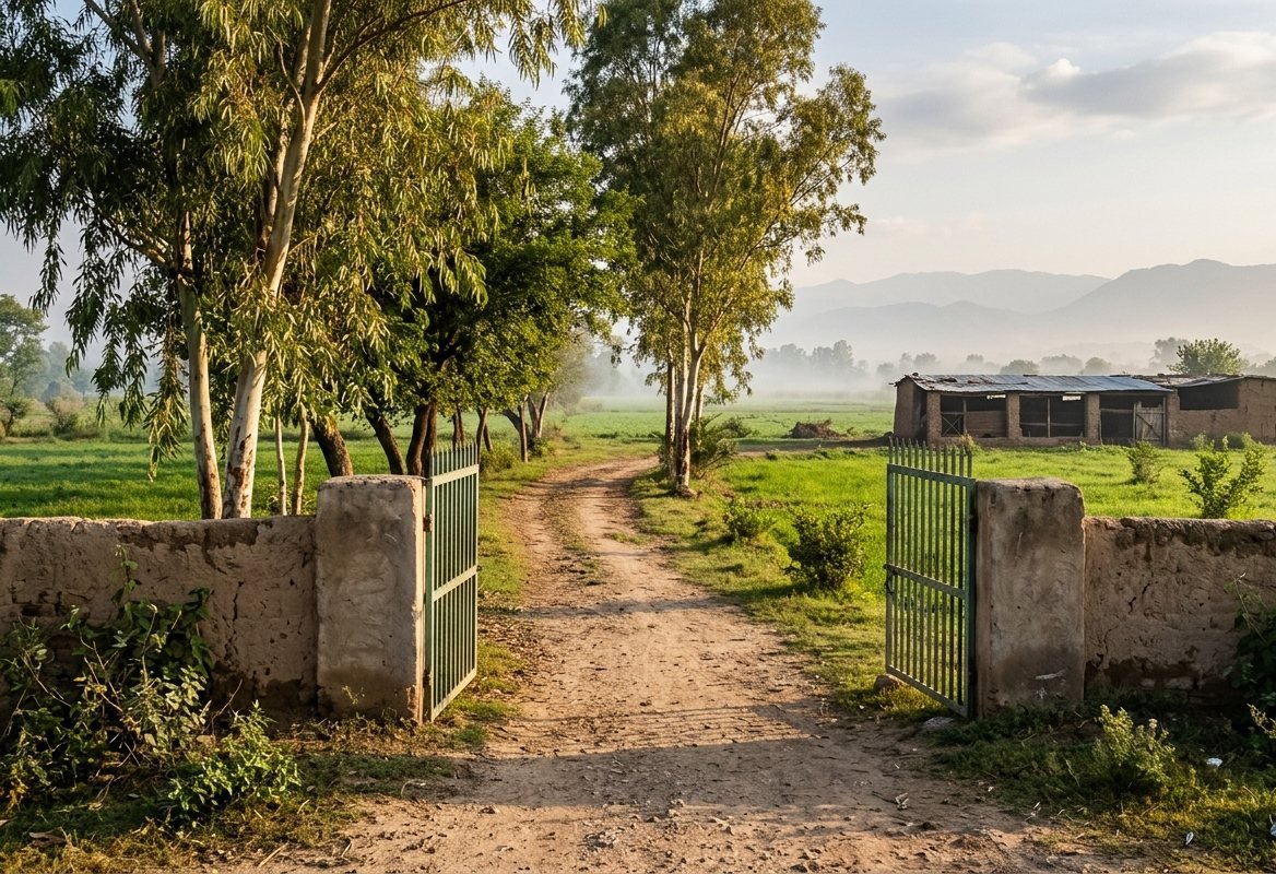 An open farm gate and dirt track