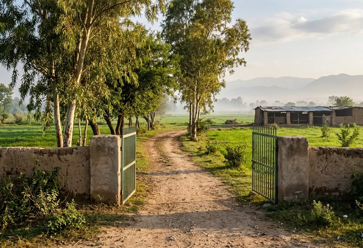 An open farm gate and dirt track