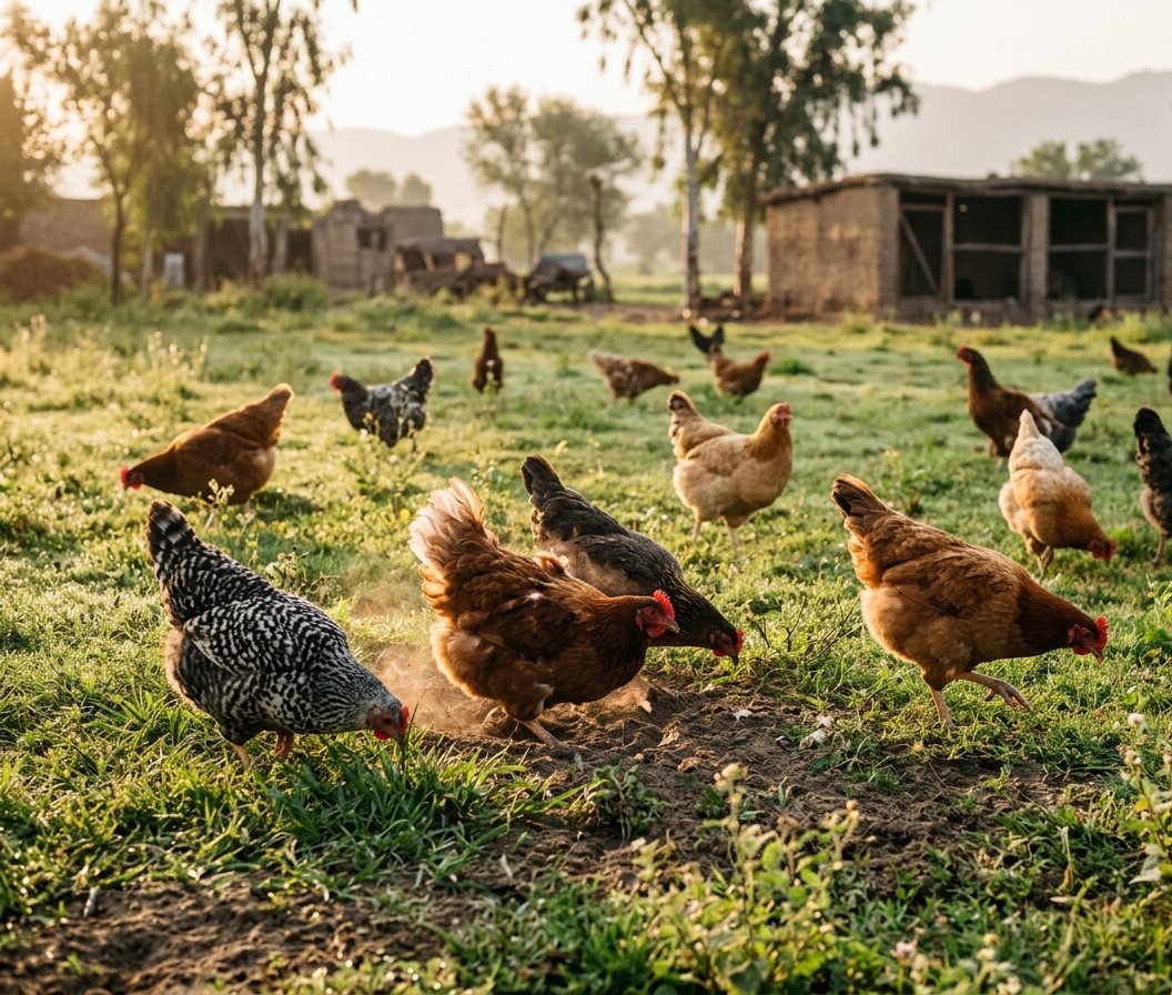 Desi hens foraging on open pasture