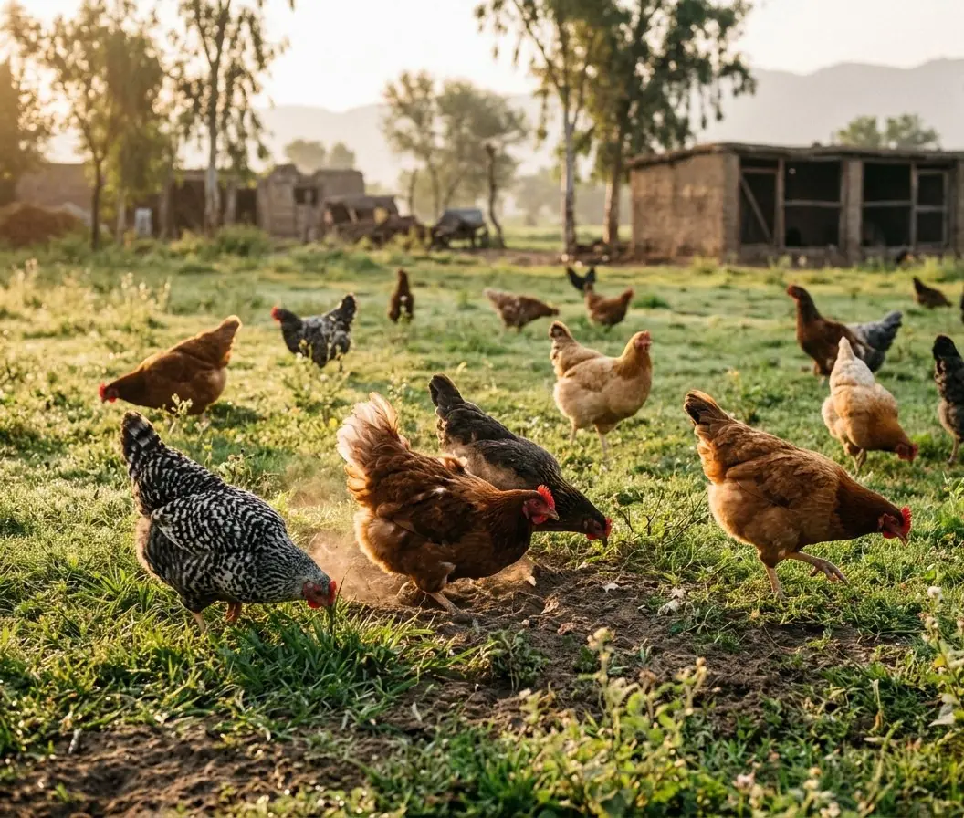 Desi hens foraging on open pasture