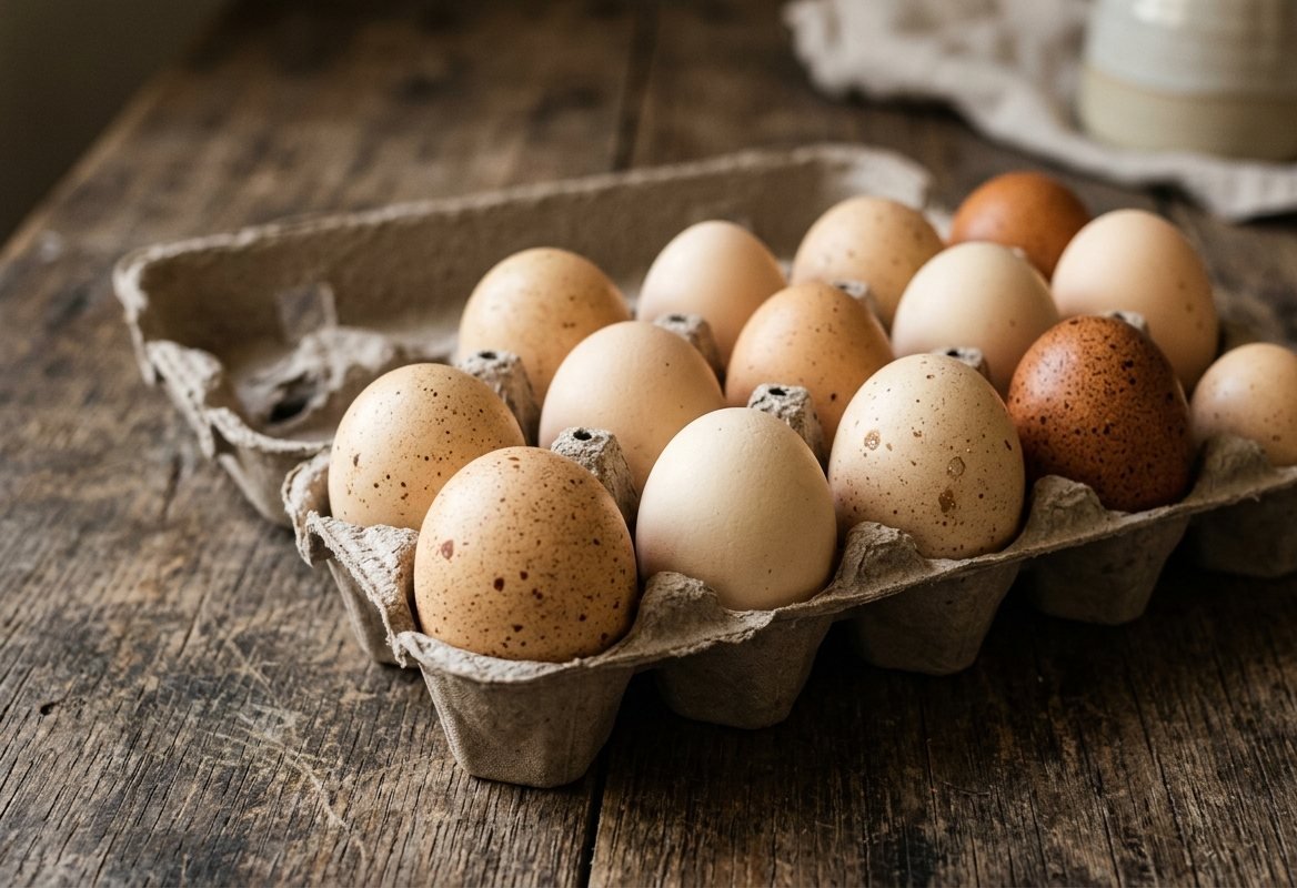 A dozen desi eggs in a moulded tray