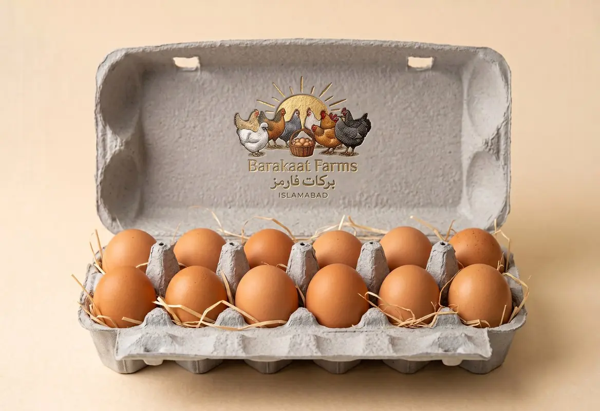A dozen desi eggs in a Barakaat Farms branded carton