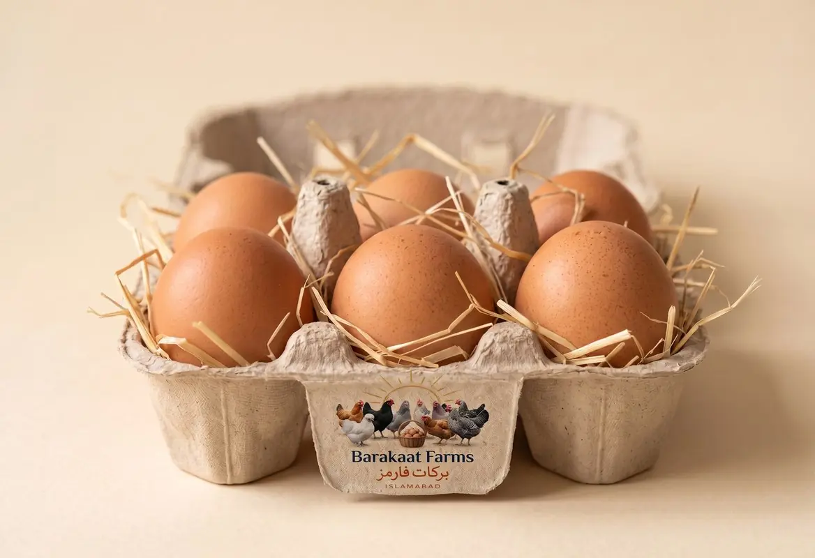 Six desi eggs with straw in a Barakaat Farms branded pulp tray
